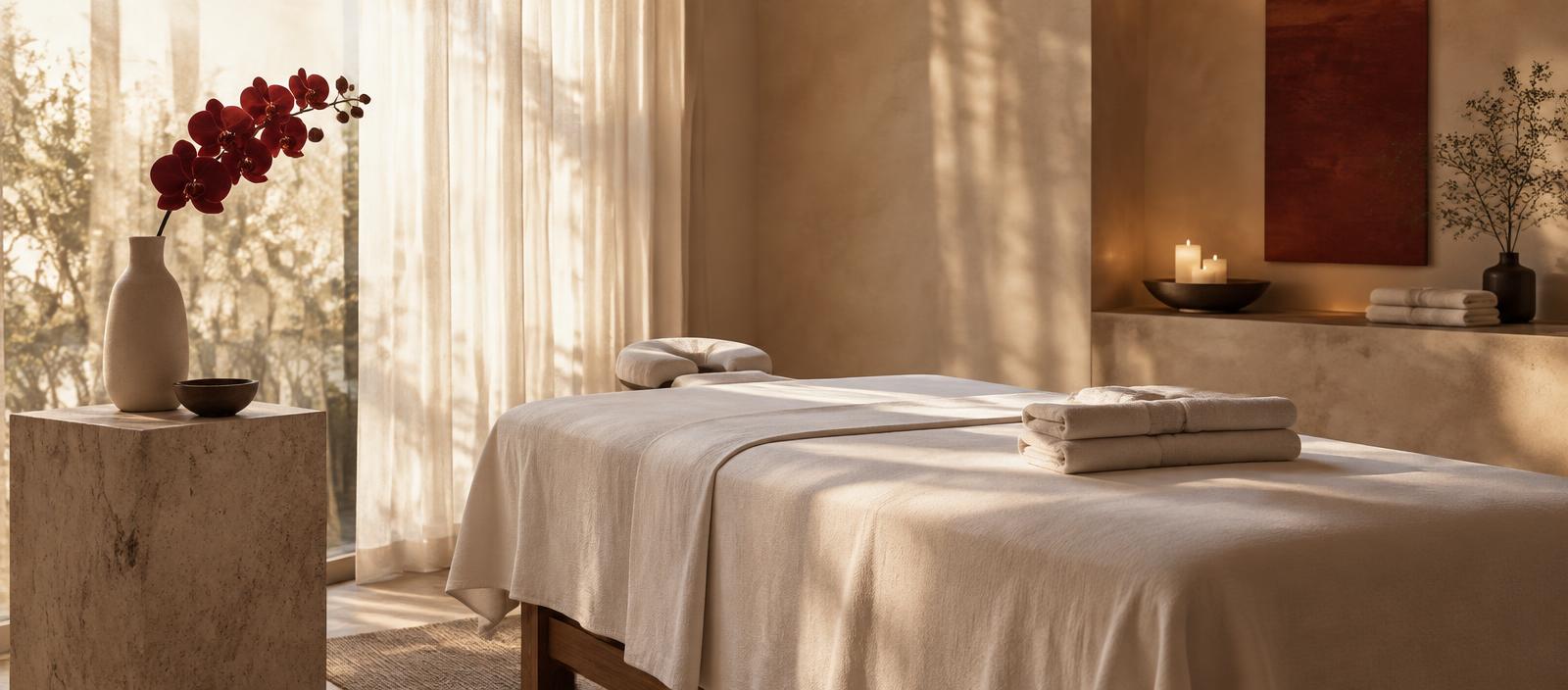 Calm tantric massage room in London with ivory linen and a red orchid